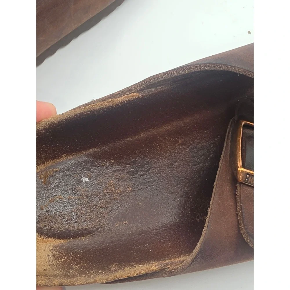Birkenstock Arizona Dark Brown Oiled Leather Two Strap Buckle Sandals Slide